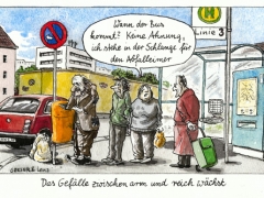 Arme an Bushaltestelle, Schlange zum Abfalleimer