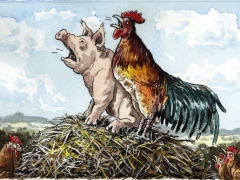 Hahn und Ferkel auf Misthaufen